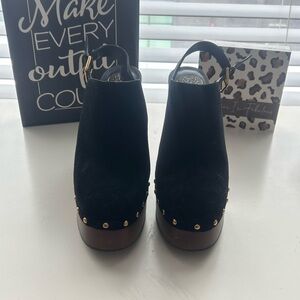 Vince Camuto Black Suede Mules with Gold Accents